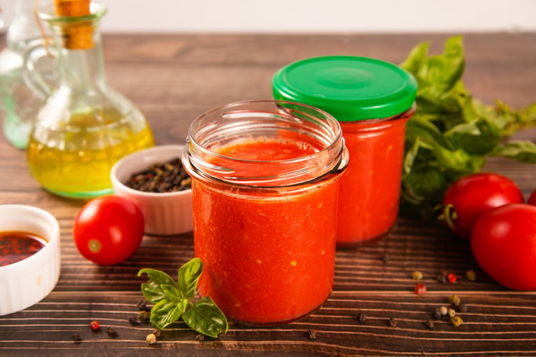 Homemade tomato sauce in glass jar with herbs and tomatoes nearby