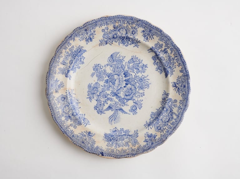 Vintage blue and white porcelain plate with intricate floral and bird pattern isolated on white background