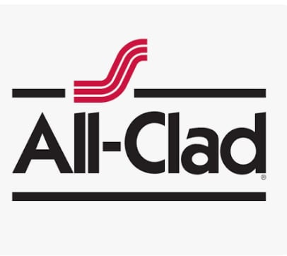 All-Clad logo featuring red wavy lines above black text on light background
