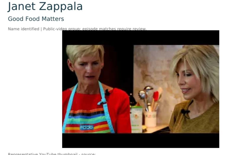 Janet Zappala from Good Food Matters shown in two photos wearing a red apron and yellow-green top