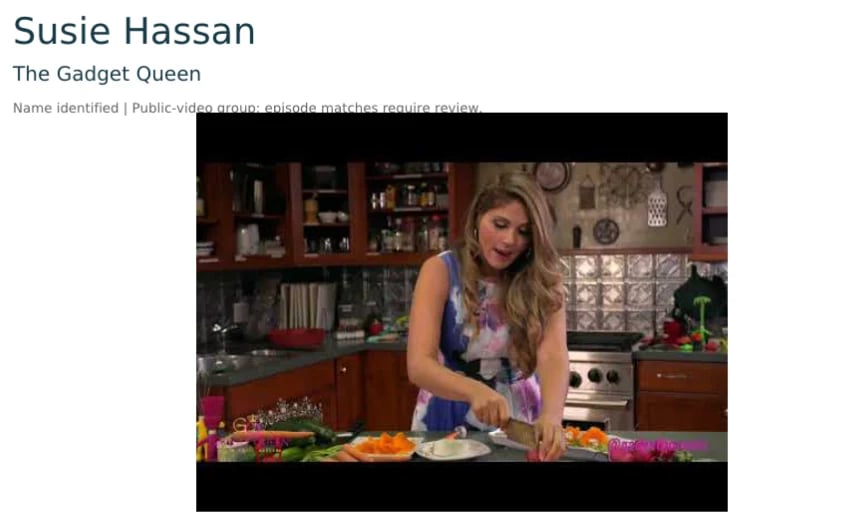 Susie Hassan, The Gadget Queen, preparing food in a kitchen studio with gadgets and appliances displayed
