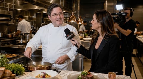 Chef in white coat being interviewed with microphone by woman in black blazer in professional kitchen setting with camera crew