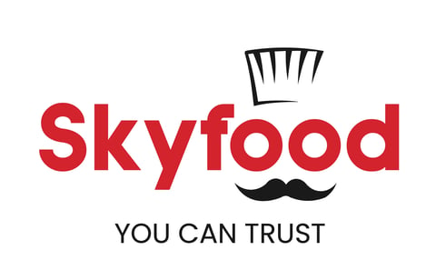 Skyfood logo with red text, chef hat icon, mustache symbol, and tagline You Can Trust
