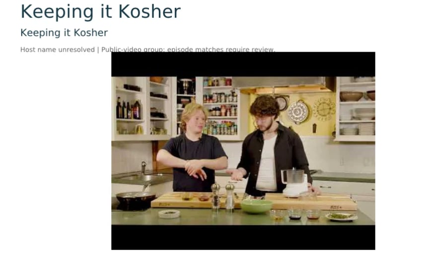 Two people preparing kosher food in a kitchen with shelves and ingredients on the counter