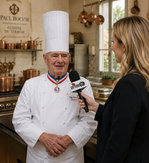 Chef in white uniform and tall chefs hat being interviewed by a woman in a professional kitchen setting