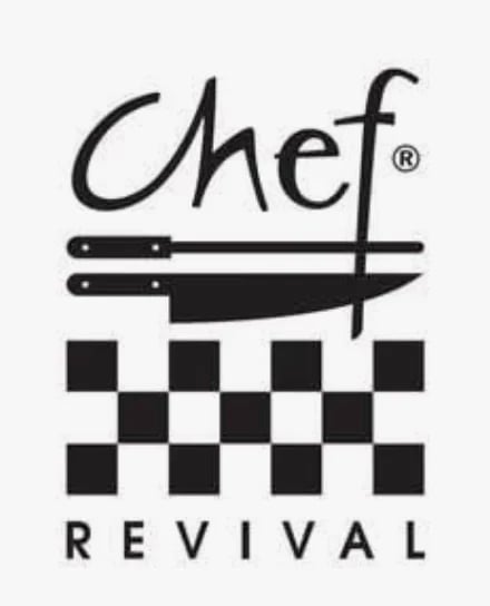 Chef Revival logo featuring stylized text, kitchen knives crossed over a checkered pattern background
