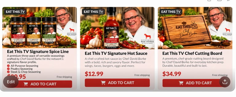 Eat This TV product listings showing the spice line, hot sauce and chef cutting board with prices